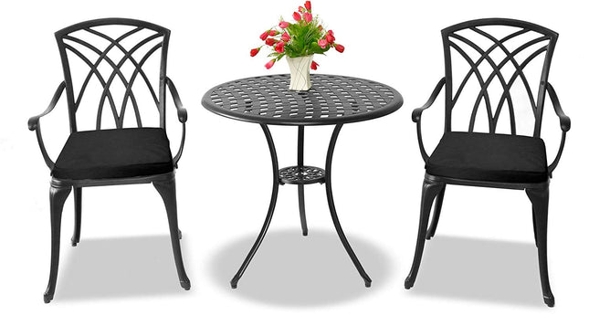 Centurion Supports OSHOWA Garden and Patio Table and 2 Large Chairs with Armrests Cast Aluminium Bistro Set - Black Cushions