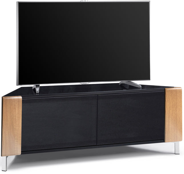 MDA Designs CORVUS Corner-Friendly Gloss Black Contemporary Cabinet with Oak Profiles Black BeamThru Glass Doors Suitable for Flat Screen TVs up to 50"