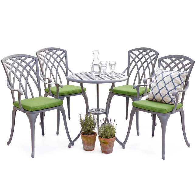 Centurion Supports OSHOWA Luxurious Garden and Patio Table and 4 Large Chairs with Armrests Cast Aluminium Bistro Set - Grey with Green Cushions