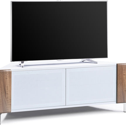 MDA Designs CORVUS Corner-Friendly Gloss White Contemporary Cabinet with Walnut Profiles White BeamThru Glass Doors Suitable for Flat Screen TVs up to 50"
