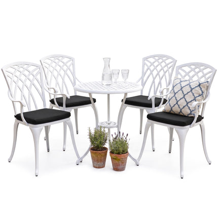 Centurion Supports OSHOWA Luxurious Garden and Patio Table and 4 Large Chairs with Armrests Cast Aluminium Bistro Set - White with Black Cushions