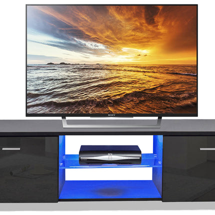 MDA Designs Auriga Black Modern TV Cabinet for Flat TV Screens of up to 65" Entertainment Unit with Shelves and Built-in Blue LED Lights - Grade A