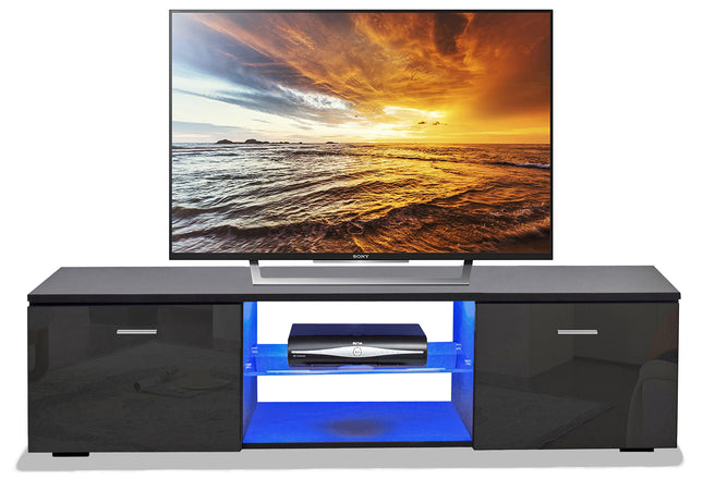MDA Designs Auriga Black Modern TV Cabinet for Flat TV Screens of up to 65" Entertainment Unit with Shelves and Built-in Blue LED Lights - Grade A