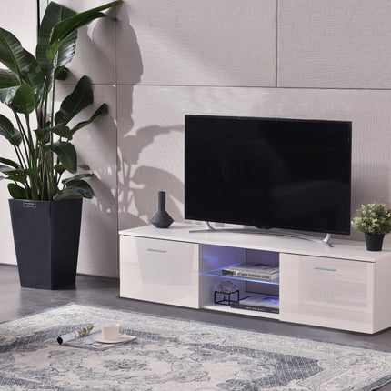 MDA Designs Auriga White Modern TV Cabinet for Flat TV Screens of up to 65" Entertainment Unit with Shelves and Built-in Blue LED Lights