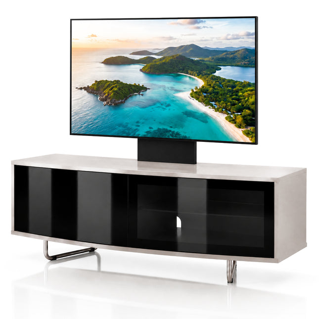 Homeology CARU Black Greige Beam-Thru Remote Friendly Super-Contemporary D Shape Design 32"-65" LED/OLED/LCD TV Cabinet with Mounting Arm