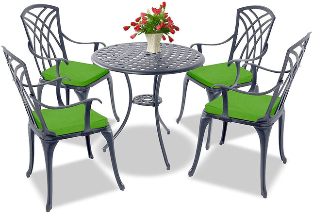 Centurion Supports OSHOWA Luxurious Garden and Patio Table and 4 Large Chairs with Armrests Cast Aluminium Bistro Set - Grey with Green Cushions