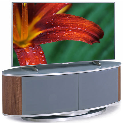 MDA Designs LUNA Grey Oval Cabinet with Walnut Profiles & Grey BeamThru Glass Doors Suitable for Flat Screen TVs up to 50"