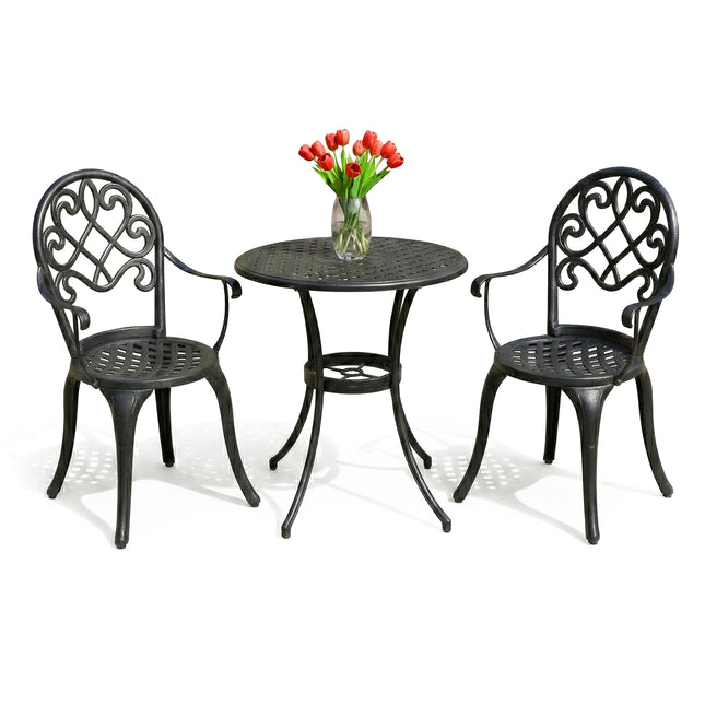 Centurion PREGO Classic Garden Bistro Set, 3-Piece Decorative Cast Aluminium Table and Chairs 18th Century Scroll, Rust-Proof Black Weatherproof Outdoor Furniture for Patio, Balcony or Conservatory