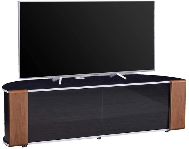 MDA Designs Sirius 1600 TV Cabinet Gloss Black Stand with BEAMTHRU Remote-Friendly Glass Door, Walnut/Oak Trims and Cable Management for TVs up to 70” TV Unit