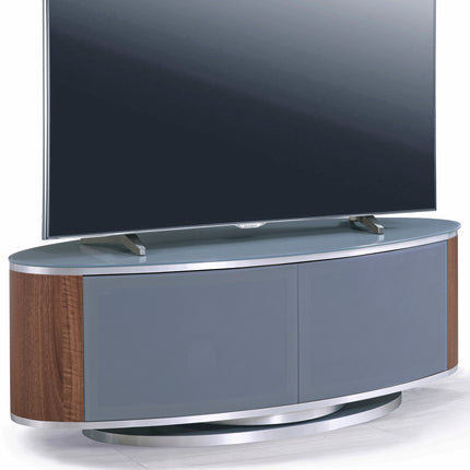 MDA Designs LUNA Grey Oval Cabinet with Walnut Profiles & Grey BeamThru Glass Doors Suitable for Flat Screen TVs up to 50"