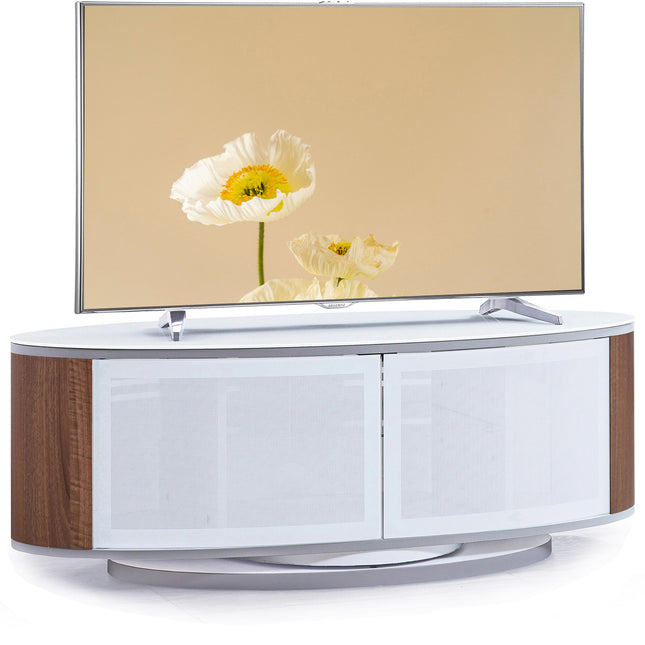 MDA Designs LUNA Gloss White Oval Cabinet with Walnut Profiles White BeamThru Glass Doors Suitable for Flat Screen TVs up to 50"