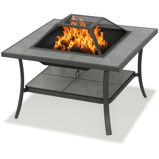 Centurion Supports SHANGO Multi-Functional Black with Ceramic Tiles Outdoor Garden Patio Square Heater Fire Pit Brazier and Outdoor Table - Grade A