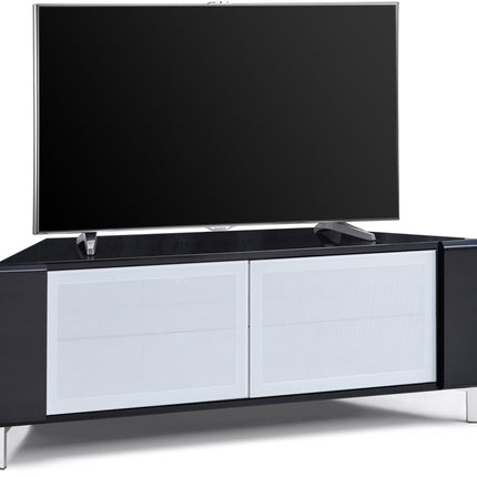 MDA Designs CORVUS Corner-Friendly Gloss Black Contemporary Cabinet with Black Profiles White BeamThru Glass Doors Suitable for Flat Screen TVs up to 50"