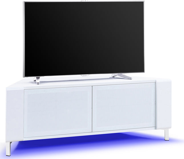 MDA Designs CORVUS Corner-Friendly Gloss White Contemporary Cabinet with White Side Profiles White BeamThru Glass Doors Suitable for Flat Screen TVs up to 50" with 16 Colour LED Lights