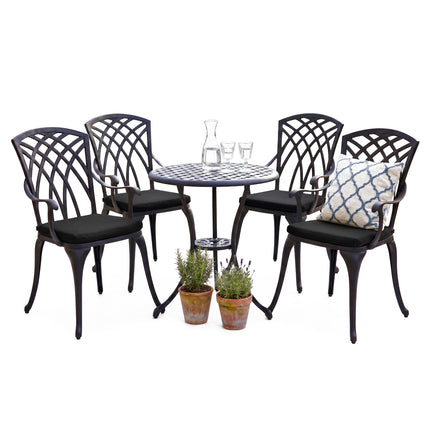 Centurion Supports OSHOWA Garden and Patio Table and 4 Large Chairs with Armrests Cast Aluminium Bistro Set - Black Cushions