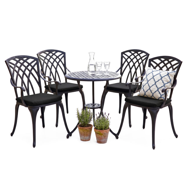 Centurion Supports OSHOWA Garden and Patio Table and 4 Large Chairs with Armrests Cast Aluminium Bistro Set - Black Cushions