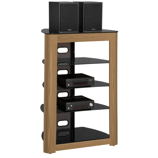 Centurion Supports Zinnia Black with Oak Fascia 5-Shelf Flat Screen TV, Hi-Fi, AV Rack, Media Stand, Entertainment Unit