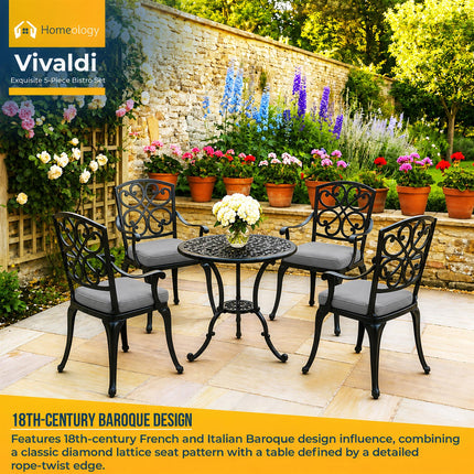 Homeology VIVALDI Black 5-Piece Cast Aluminium Garden Bistro Set - Rust-Proof Round Table with Parasol Hole & 4 Large Armchairs - with Grey Cushions