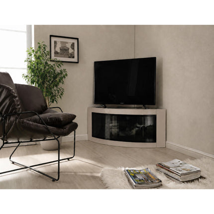 Homeology PANGEA Gloss Black and Greige Beam-Thru Glass Doors Curved Unit Tru-Corner 32"-50" TV Cabinet
