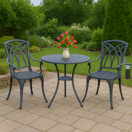 Centurion Supports OSHOWA Luxurious Garden and Patio Table and 2 Large Chairs with Armrests Cast Aluminium Bistro Set Grey
