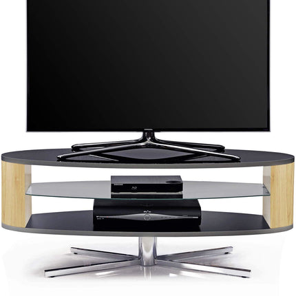 MDA Designs Orbit 1100 Gloss Black TV Stand with Oak Elliptic Sides for Flat Screen TVs up to 55" - Grade A