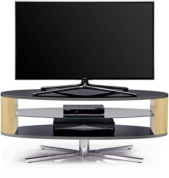 MDA Designs Orbit 1100 Gloss Black TV Stand with Oak Elliptic Sides for Flat Screen TVs up to 55" - Grade A