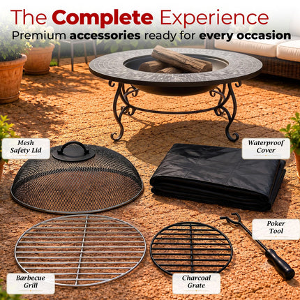 Centurion Supports Fireology GINESSA Sumptuous Garden & Patio Heater Fire Pit Brazier, Coffee Table, Barbecue and Ice Bucket with Mosaic Ceramic Tiles - Grade A