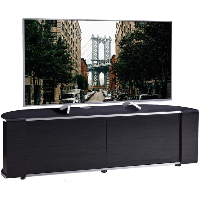 MDA Designs Sirius 1600 TV Cabinet Gloss Black Stand with BEAMTHRU Remote-Friendly Glass Door, Silver Trims, Cable Management and Storage for LED, LCD, OLED & Plasma TVs up to 70” TV Unit - Grade A