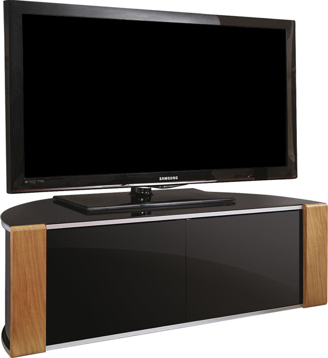 MDA Designs Sirius 1200 Remote Friendly Beam Thru Glass Door Walnut/High Gloss Piano Black with Silver Trim up to 55" LCD/Plasma/LED Cabinet TV Stand