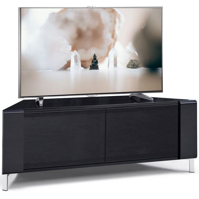 MDA Designs CORVUS Corner-Friendly Gloss Black Contemporary Cabinet with Black Profiles Black BeamThru Glass Doors Suitable for Flat Screen TVs up to 50" - Grade A