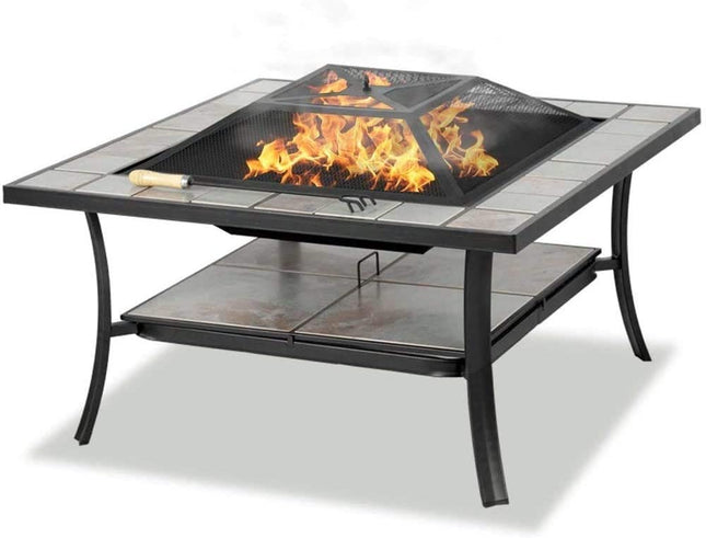 Centurion Supports SHANGO Premium Multi-Functional Black with Ceramic Tiles Outdoor Garden and Patio Square Heater Fire Pit Brazier and Outdoor Table