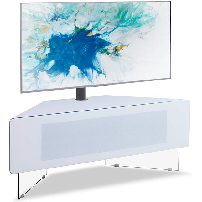 MDA Designs Antares HYBRID White Corner-Friendly with Clear Acrylic Legs Hover Effect & Remote-Friendly Glass Door TV Cabinet with Mounting Bracket - Grade A