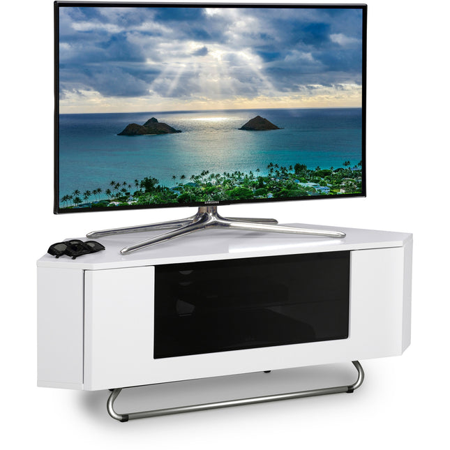 Centurion Supports Hampshire Corner-Friendly Gloss White with Black Contrast Beam-Thru Remote Friendly Door 26"-50" Flat Screen TV Cabinet
