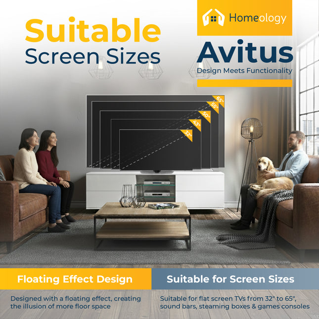 Homeology Avitus Premium High Gloss White with 4-White Drawers and 3-Shelf 32"-65" LED/OLED/LCD TV Cabinet