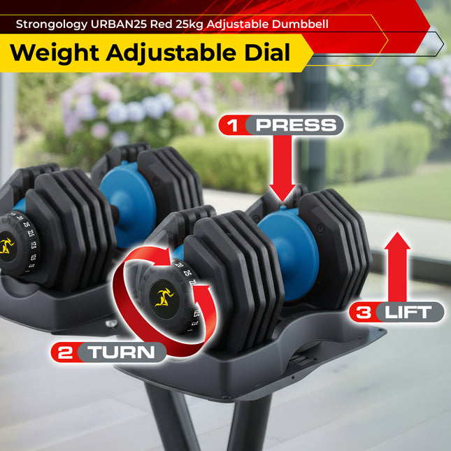 Strongology URBAN25 Blue Adjustable Dumbbell Pair | 2.5kg to 25kg Quick-Select Weight | 10-in-1 Space-Saving Design | Soft-Grip Handle | Secure Plate-Locking System | Home Gym Strength Training Workouts