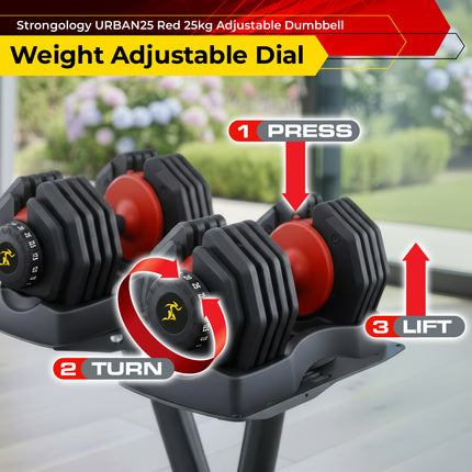 Strongology URBAN25 Red Adjustable Dumbbell Pair | 2.5kg to 25kg Quick-Select Weight | 10-in-1 Space-Saving Design | Soft-Grip Handle | Secure Plate-Locking System | Home Gym Strength Training Workouts