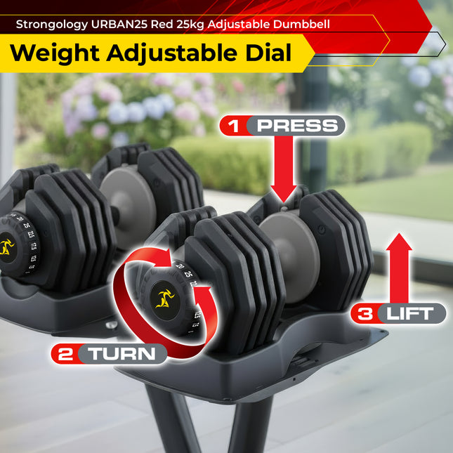 Strongology URBAN25 Grey Adjustable Dumbbell Pair | 2.5kg to 25kg Quick-Select Weight | 10-in-1 Space-Saving Design | Soft-Grip Handle | Secure Plate-Locking System | Home Gym Strength Training Workouts