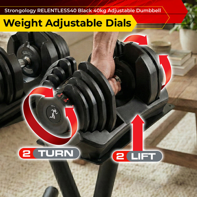 Strongology RELENTLESS40 Home Fitness Single Adjustable Smart Dumbbell from 5kg to 40kg Training Weights in Black