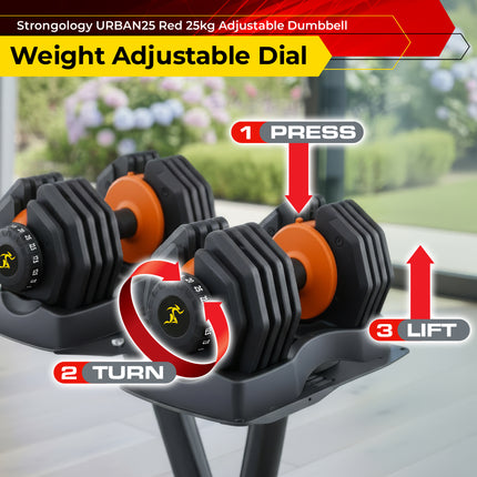 Strongology URBAN25 Orange Adjustable Dumbbell Pair | 2.5kg to 25kg Quick-Select Weight | 10-in-1 Space-Saving Design | Soft-Grip Handle | Secure Plate-Locking System | Home Gym Strength Training Workouts