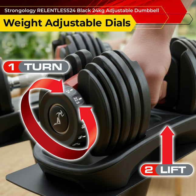 Strongology RELENTLESS24 Home Fitness Single Adjustable Smart Dumbbell from 2.5kg up to 24kg Training Weights