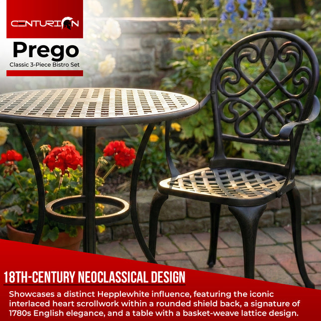 Centurion PREGO Classic Garden Bistro Set, 3-Piece Decorative Cast Aluminium Table and Chairs 18th Century Scroll, Rust-Proof Black Weatherproof Outdoor Furniture for Patio, Balcony or Conservatory