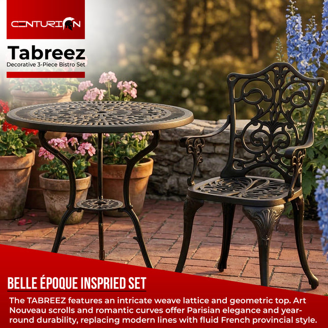 Centurion TABREEZ 3-Piece Bistro Set Garden Furniture, Cast Aluminium Outdoor Patio Set, Metal Garden Furniture, Rust-Proof Table & 2 Chairs, Bistro Set, Black