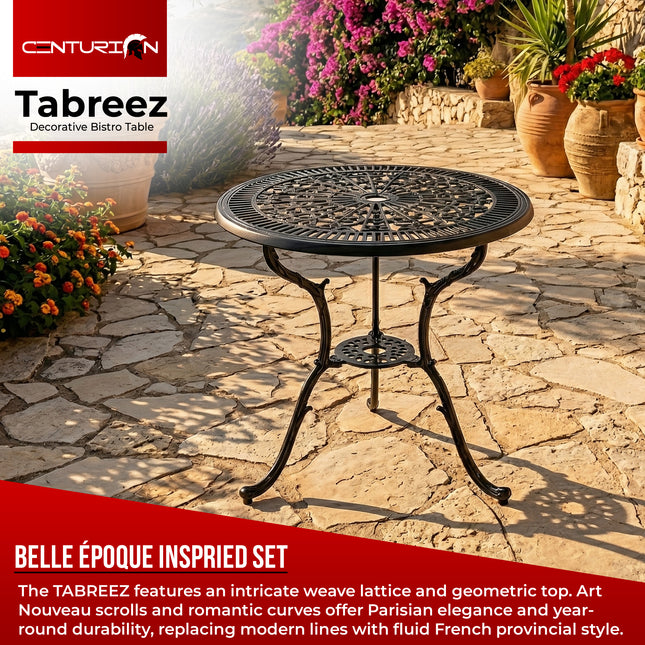 Centurion TABREEZ Garden Bistro Table Cast Aluminium Patio Table with Parasol Hole 4.7cm, Rustproof Weather Resistant Outdoor Furniture for Balcony Terrace Decking Lawn 69.5cm Round