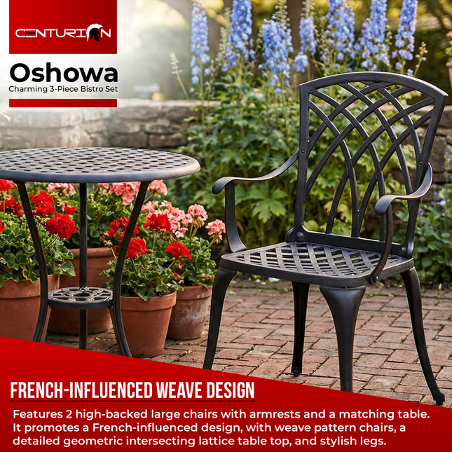 Centurion OSHOWA Luxurious Garden and Patio Table and 2 Large Chairs with Armrests Cast Aluminium Bistro Set - Black