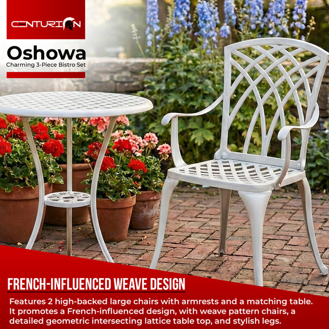 Homeology OSHOWA 3-Piece Cast Aluminium Bistro Set – Rust-Proof Round Table & 2 High-Backed Armchairs – Timeless French-Style Interlocking Lattice Basketweave Design – White Outdoor Patio Furniture
