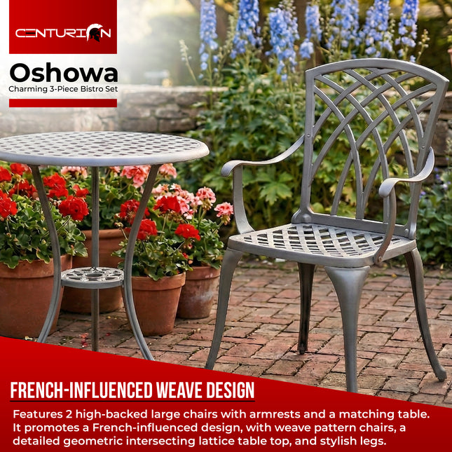 Centurion Supports OSHOWA Luxurious Garden and Patio Table and 2 Large Chairs with Armrests Cast Aluminium Bistro Set Grey