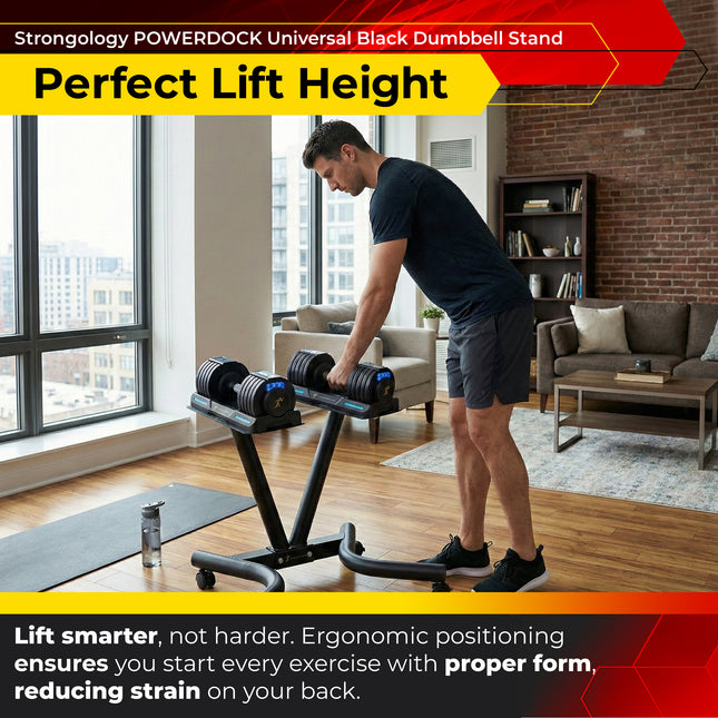 Strongology POWERDOCK Universal Dumbbell Floor Stand – Heavy Duty Steel Compact V-Frame Ergonomic Rack with Castor Wheels, Secure Safety Straps & Easy Assembly (Dumbbells Not Included)
