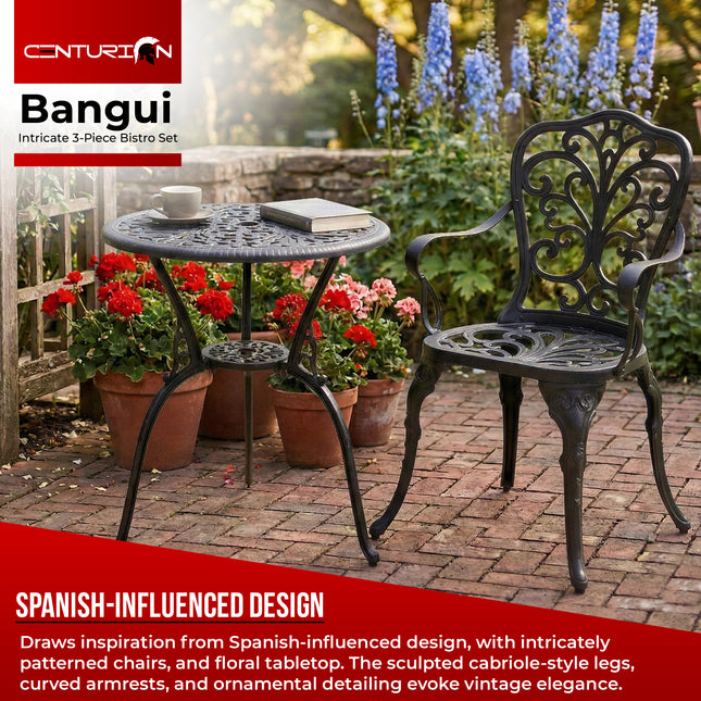 Centurion BANGUI 3 Piece Cast Aluminium Garden Bistro Set – Rust-Proof Outdoor Patio Table with Parasol Hole & 2 Large Chairs – Spanish Style Garden Furniture for Patio, Balcony & Conservatory – Black