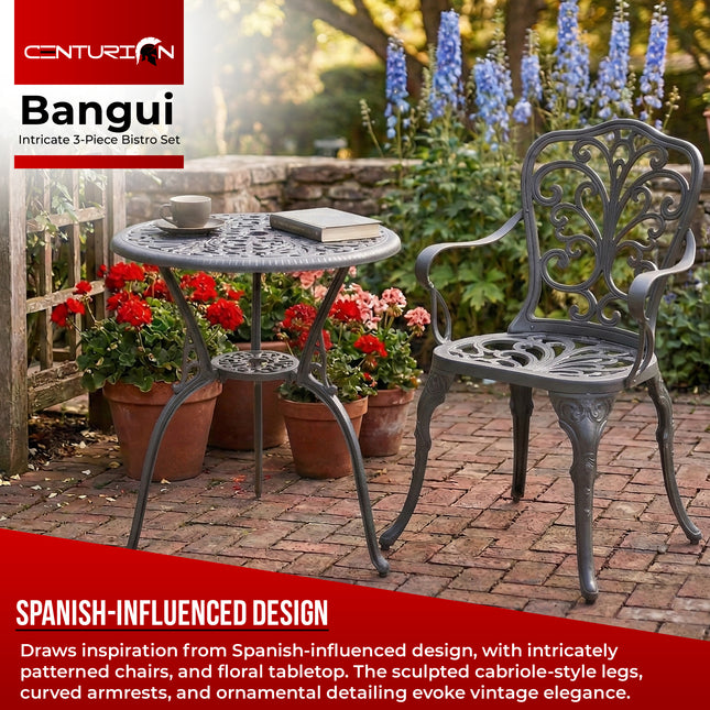 Centurion BANGUI 3 Piece Cast Aluminium Garden Bistro Set – Rust-Proof Outdoor Patio Table with Parasol Hole & 2 Large Chairs – Spanish Style Garden Furniture for Patio, Balcony & Conservatory – Grey