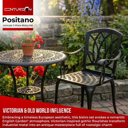 Centurion Supports POSITANO Garden and Patio Table and 2 Chairs Cast Aluminium Bistro Set - Black
